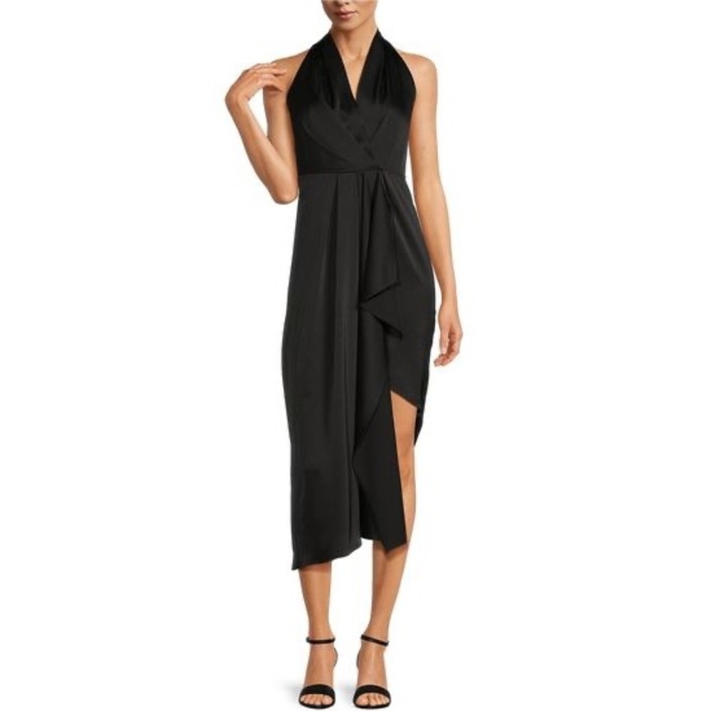 Alex Marie Black Satin Halter Wrap Dress Ruffle Tulip Hem Size 10 Gown
